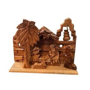 Bethlehem Carvings Olive Wood Nativity Scene Manger Hand Carved USA 3.5"